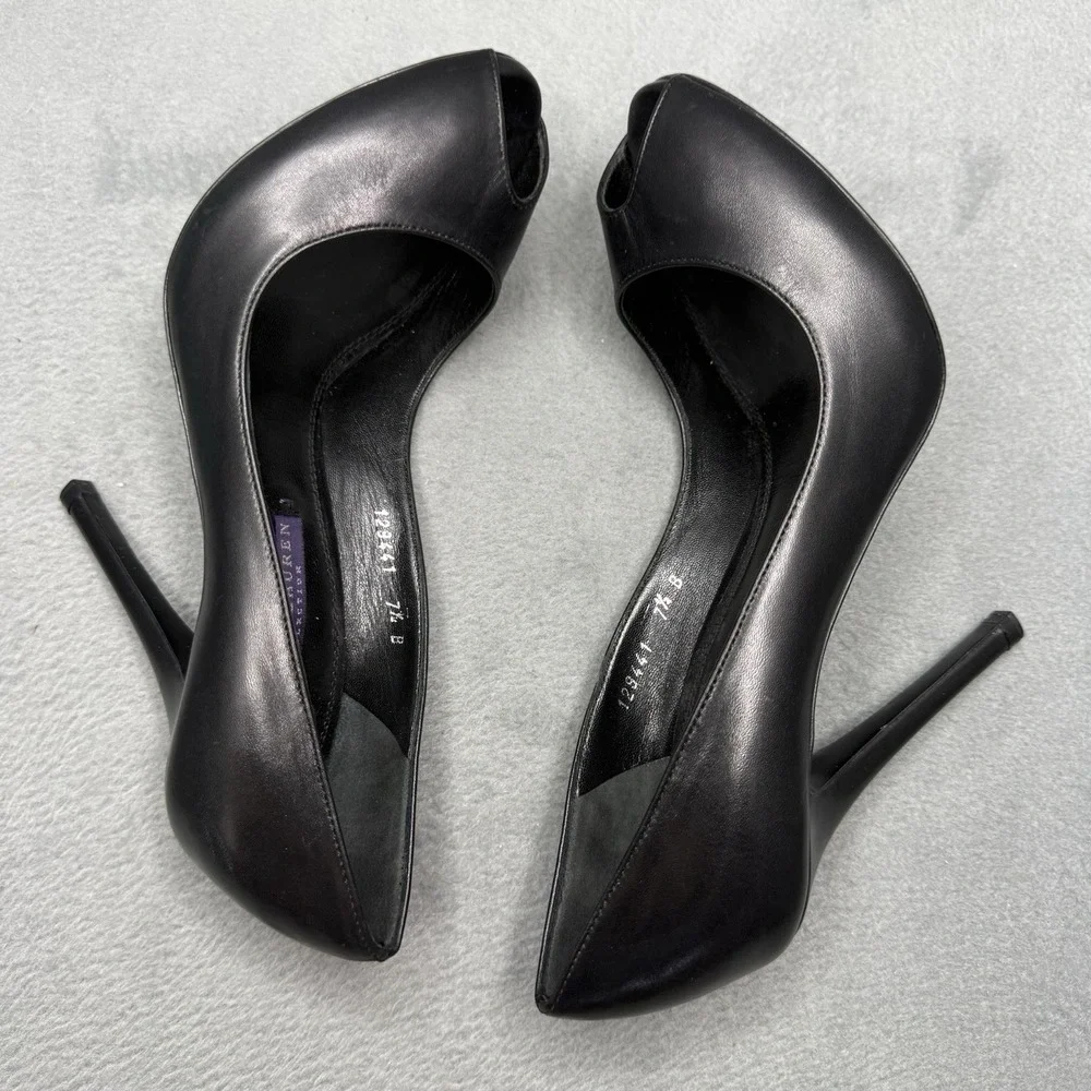 Ralph Lauren Collection Ranna Black Leather Peep-Toe Platform Pumps 7.5B